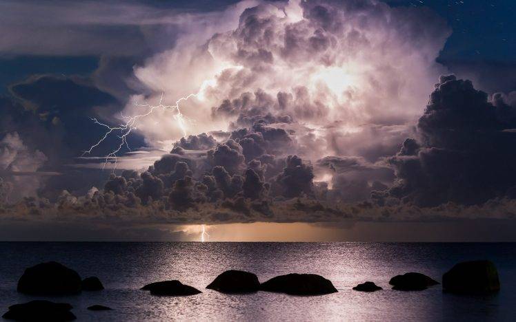 nature, Landscape, Lightning, Sea, Clouds, Storm, Night, Rock, Water HD Wallpaper Desktop Background