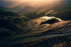 nature, Landscape, Sunrise, Rice Paddy, Terraces, Mountain, Mist, China, Water, Morning, Sunlight