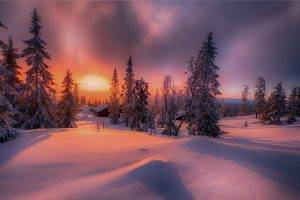 nature, Landscape, Forest, Sunset, Cottage, Winter, Snow, Trees, Cold, Clouds, Norway, Yellow, Red, White