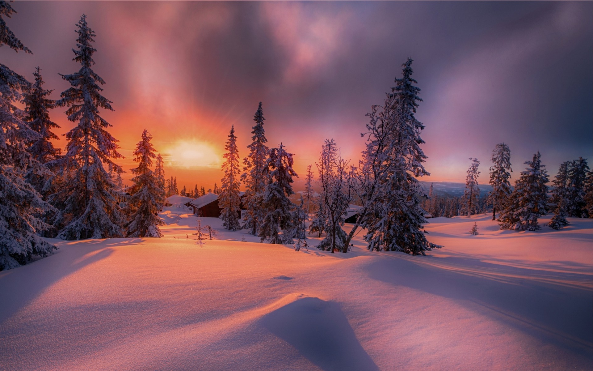 nature, Landscape, Forest, Sunset, Cottage, Winter, Snow, Trees, Cold, Clouds, Norway, Yellow, Red, White Wallpaper