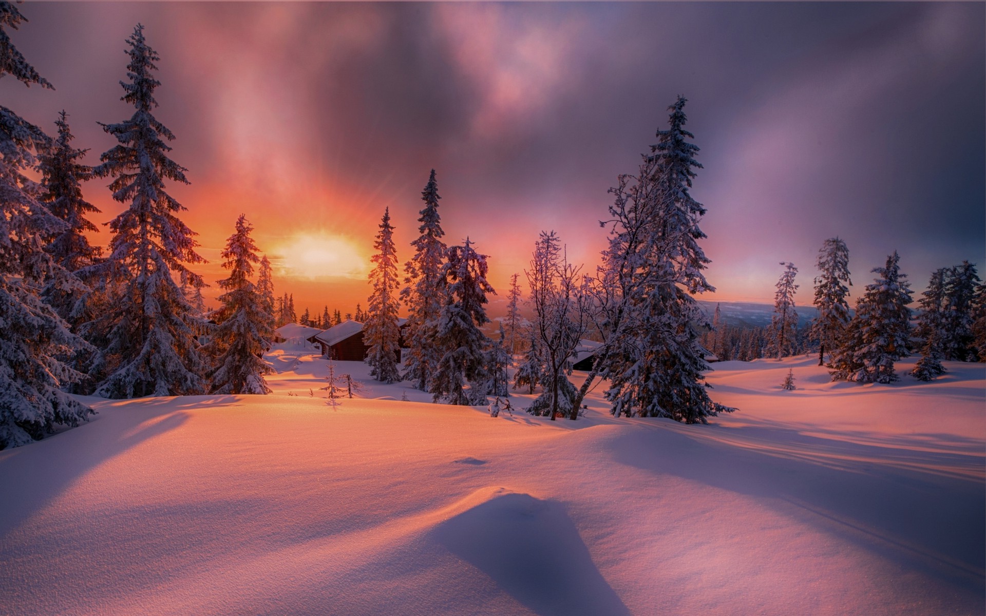 nature, Landscape, Forest, Sunset, Cottage, Winter, Snow, Trees, Cold ...