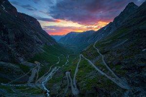 nature, Landscape, Sunset, Mountain, Norway, Valley, River, Road, Clouds