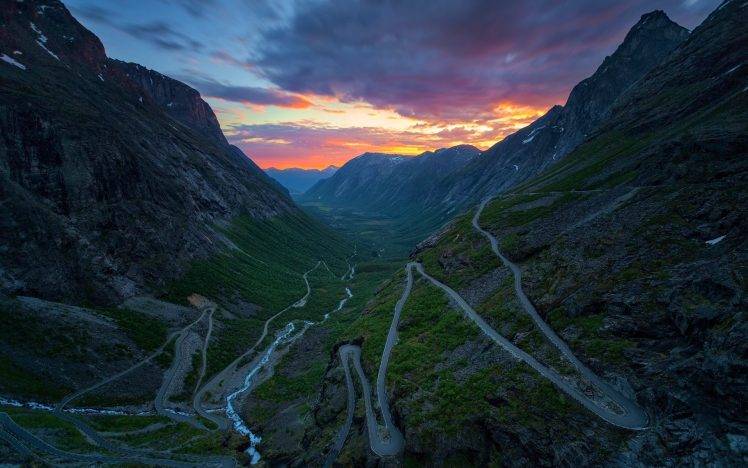 nature, Landscape, Sunset, Mountain, Norway, Valley, River, Road, Clouds HD Wallpaper Desktop Background