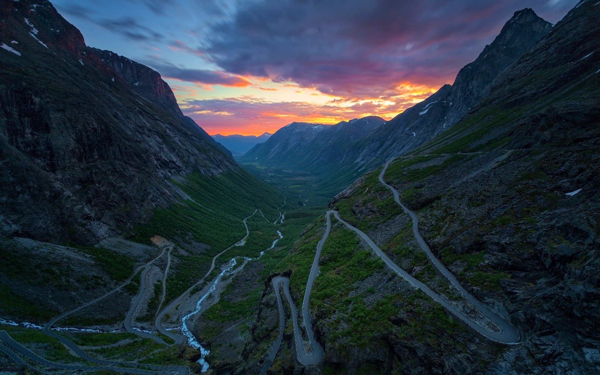 nature, Landscape, Sunset, Mountain, Norway, Valley, River, Road, Clouds Wallpaper
