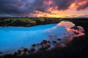 nature, Landscape, Blue, Iceland, Sunset, Clouds, Yellow, Water