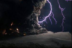 nature, Landscape, Volcano, Eruptions, Chile, Lightning, Mountain, Clouds