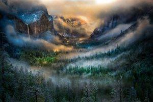 nature, Landscape, Mountain, Mist, Yosemite Valley, Winter, Forest, Waterfall, Tunnel, Sunlight