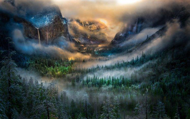nature, Landscape, Mountain, Mist, Yosemite Valley, Winter, Forest, Waterfall, Tunnel, Sunlight HD Wallpaper Desktop Background