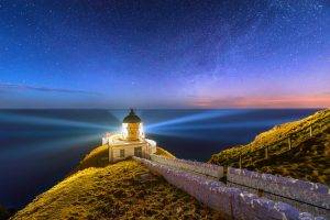 nature, Landscape, Lighthouse, Scotland, Starry Night, Sea, Long Exposure, UK, Coast