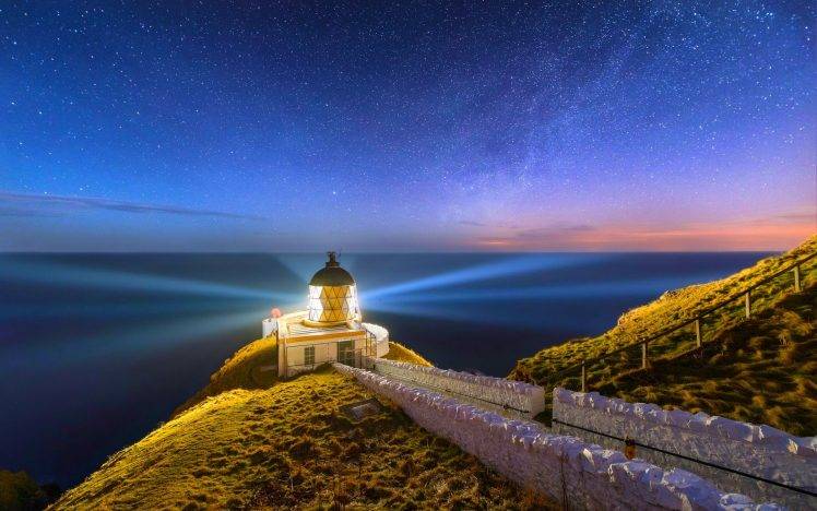 nature, Landscape, Lighthouse, Scotland, Starry Night, Sea, Long Exposure, UK, Coast HD Wallpaper Desktop Background