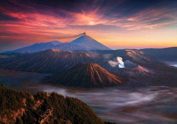 nature, Landscape, Mountain, Volcano, Indonesia, Sunrise, Mist HD Wallpaper Desktop Background