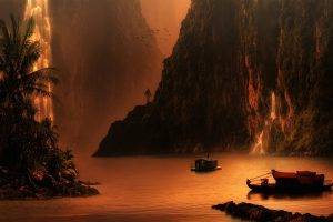 nature, Landscape, Mountain, Waterfall, Sunset, Lake, Palm Trees, Cliff, Birds, Mist, Boat