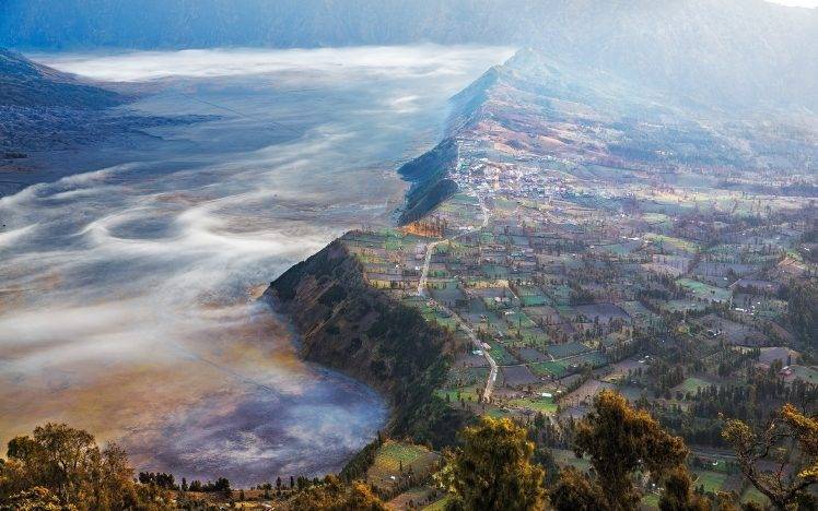 nature, Landscape, Mountain, Villages, Field, Valley, Mist, Road, Trees HD Wallpaper Desktop Background