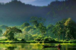 nature, Landscape, Mist, Sunrise, Forest, River, Mountain, Indonesia, Green, Boat, Fisherman