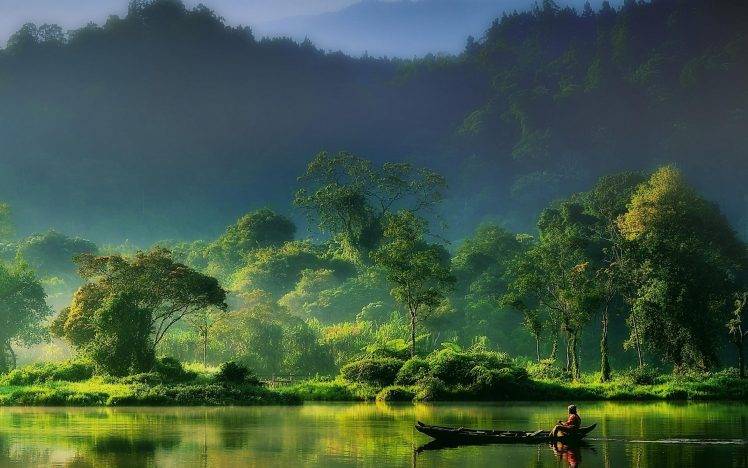 nature, Landscape, Mist, Sunrise, Forest, River, Mountain, Indonesia, Green, Boat, Fisherman HD Wallpaper Desktop Background
