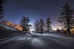 landscape, Snow, Winter, Trees, Stars, Night