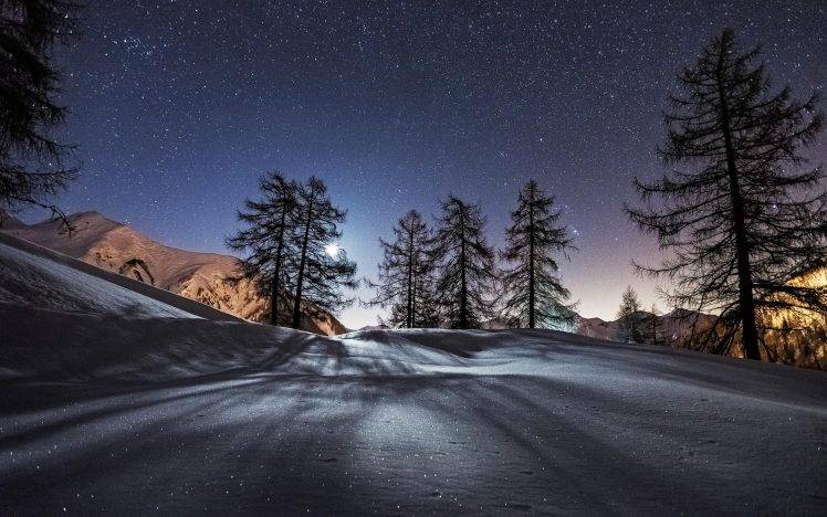 landscape, Snow, Winter, Trees, Stars, Night HD Wallpaper Desktop Background