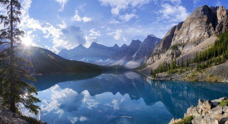 nature, Landscape, Sunrise, Lake, Moraine Lake, Canada, Mountain, Forest, Summer, Water, Reflection, Trees HD Wallpaper Desktop Background