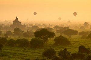 nature, Landscape, Sunrise, Sunlight, Morning, Hot Air Balloons, Mist, Myanmar, Grass, Trees, Temple, Buddhism