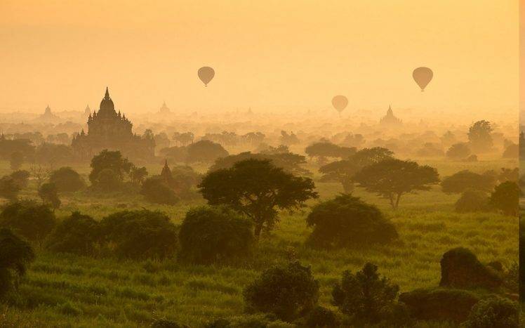 nature, Landscape, Sunrise, Sunlight, Morning, Hot Air Balloons, Mist, Myanmar, Grass, Trees, Temple, Buddhism HD Wallpaper Desktop Background