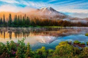 nature, Landscape, Trees, Forest, Mountain, Washington State, USA, Lake, Mist, Snow, Clouds, Plants, Reflection