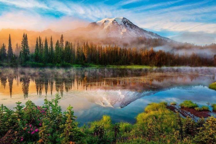 nature, Landscape, Trees, Forest, Mountain, Washington State, USA, Lake, Mist, Snow, Clouds, Plants, Reflection HD Wallpaper Desktop Background