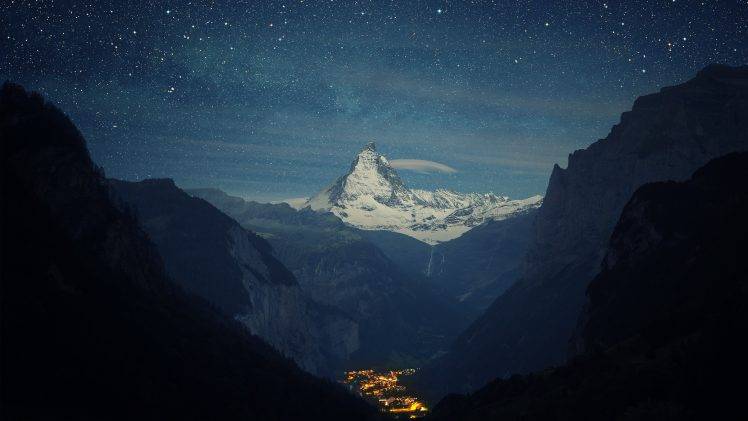 snow, Winter, Lights, Night, Stars, Landscape, Mountain, Matterhorn HD Wallpaper Desktop Background