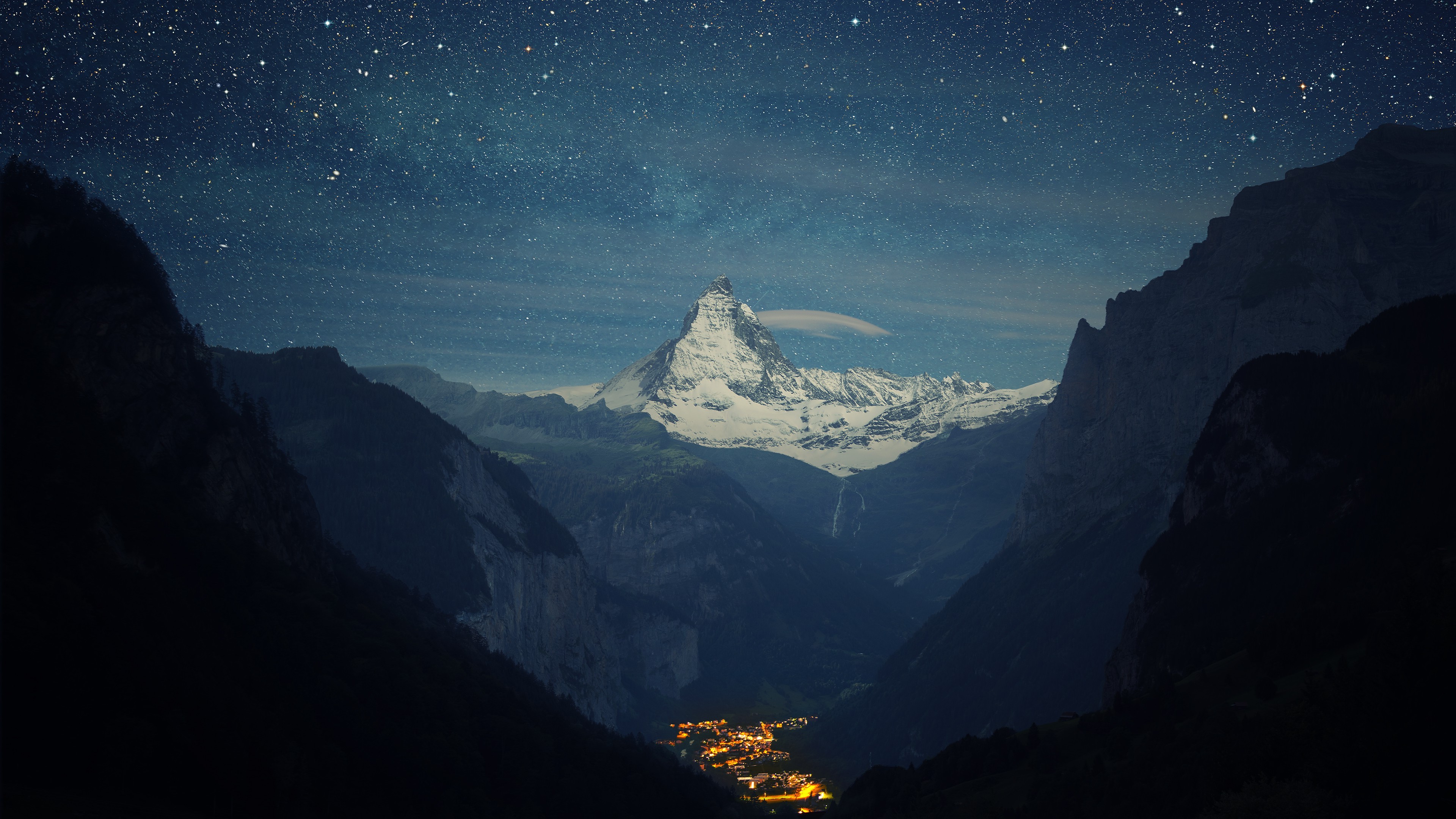 snow, Winter, Lights, Night, Stars, Landscape, Mountain, Matterhorn