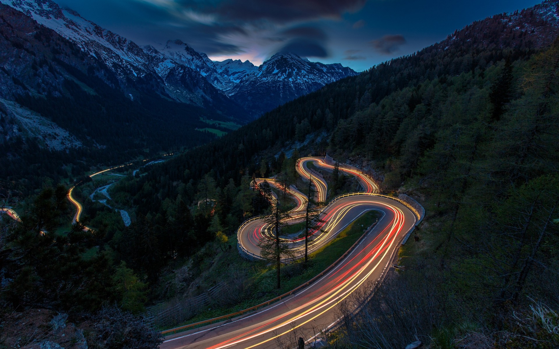 nature, Landscape, Mist, Mountain, Forest, Road, Lights, Traffic Lights, Snowy Peak, Switzerland, Sunset Wallpaper