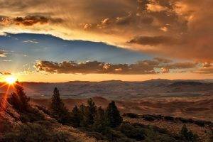 sunset, Clouds, Valley, Desert, Hill, Trees, Nature, Landscape