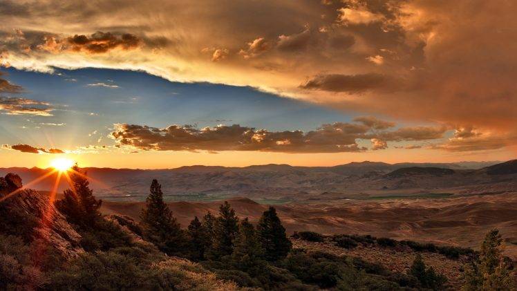 sunset, Clouds, Valley, Desert, Hill, Trees, Nature, Landscape HD Wallpaper Desktop Background