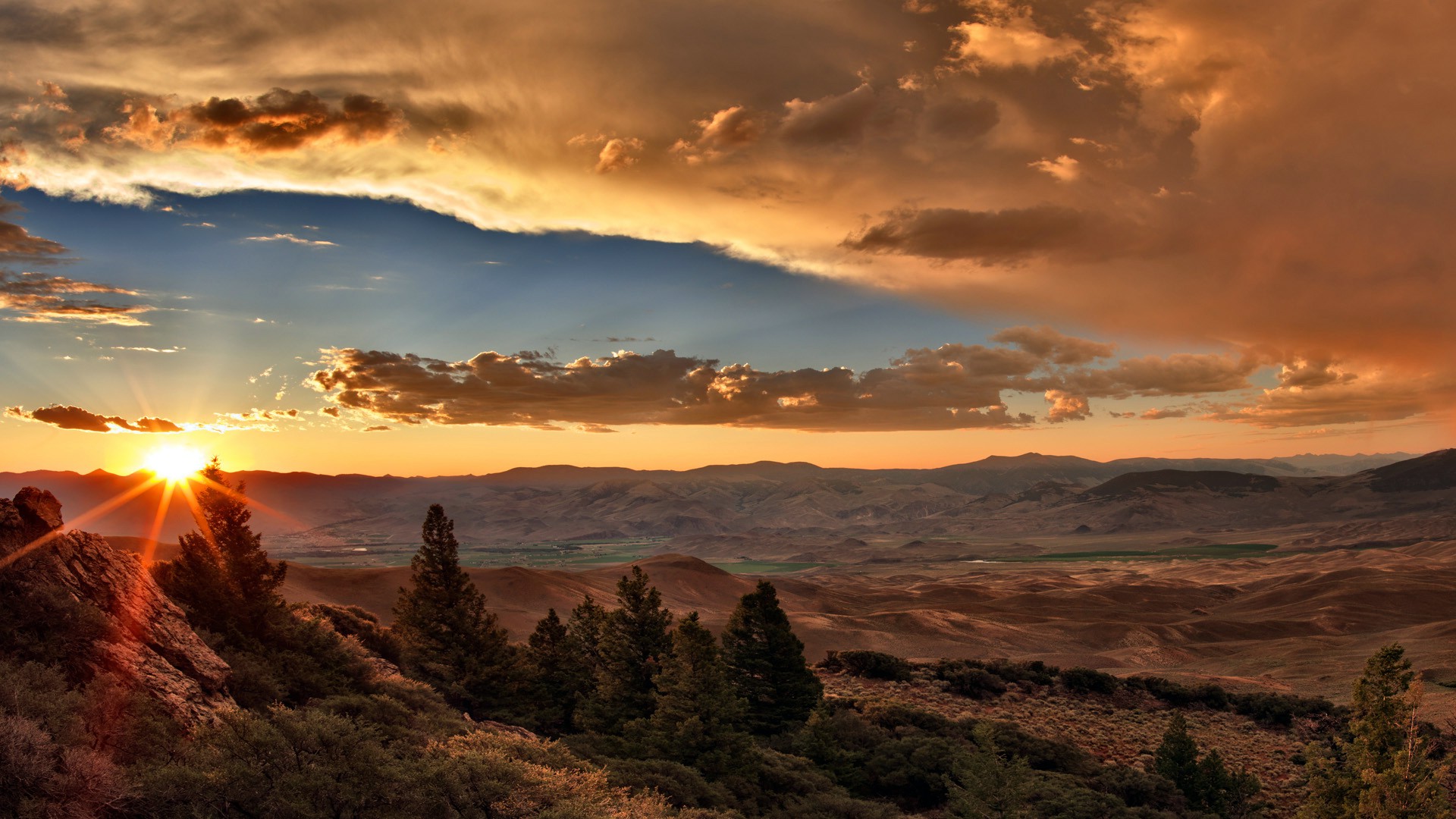 sunset, Clouds, Valley, Desert, Hill, Trees, Nature, Landscape Wallpaper