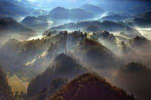 nature, Landscape, Mist, Forest, Trees, Morning, Sunbeams, Sunrise, Aerial View, Villages, Mountain