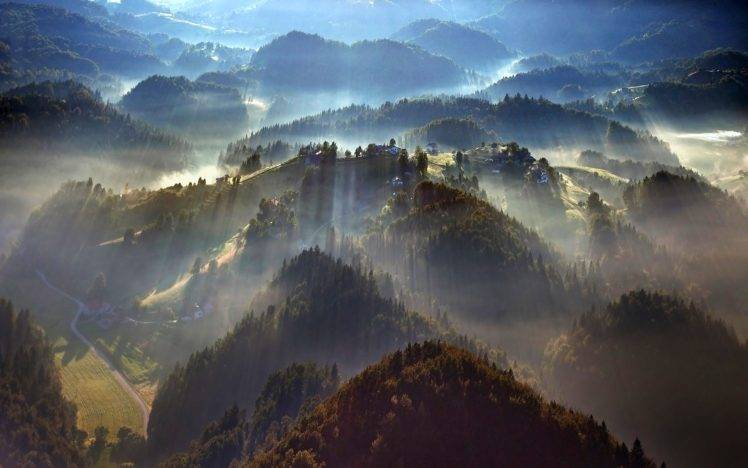 nature, Landscape, Mist, Forest, Trees, Morning, Sunbeams, Sunrise, Aerial View, Villages, Mountain HD Wallpaper Desktop Background
