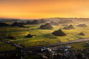 landscape, Nature, Field, Aerial View, China, Highway, Mountain, Mist, Sunrise, Town