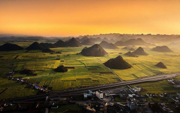 landscape, Nature, Field, Aerial View, China, Highway, Mountain, Mist, Sunrise, Town HD Wallpaper Desktop Background
