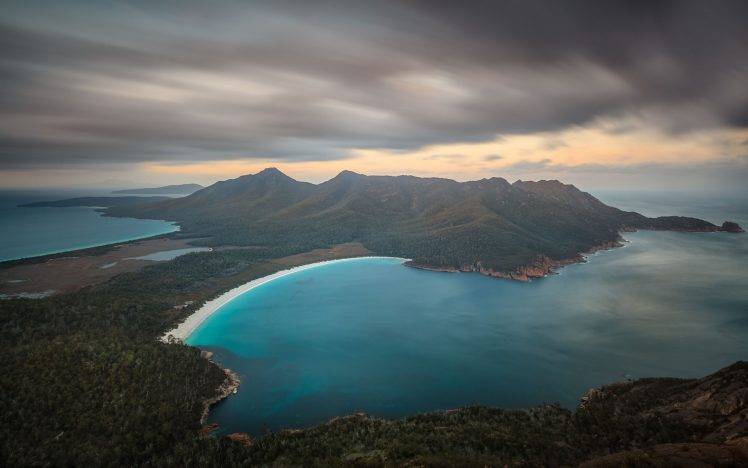 landscape, Nature, Wine Glass Bay, Beach, Mountain, Sea, Clouds, Tasmania, Forest, Australia HD Wallpaper Desktop Background