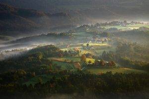 nature, Mist, Landscape, Fall, Sunrise, Villages, Forest, Morning, Mountain, Valley, Slovenia