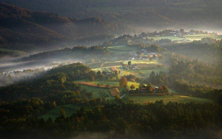 nature, Mist, Landscape, Fall, Sunrise, Villages, Forest, Morning, Mountain, Valley, Slovenia HD Wallpaper Desktop Background