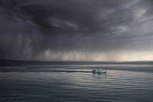 nature, Landscape, Sea, Storm, Boat, Clouds, Dark, Rain, Mist