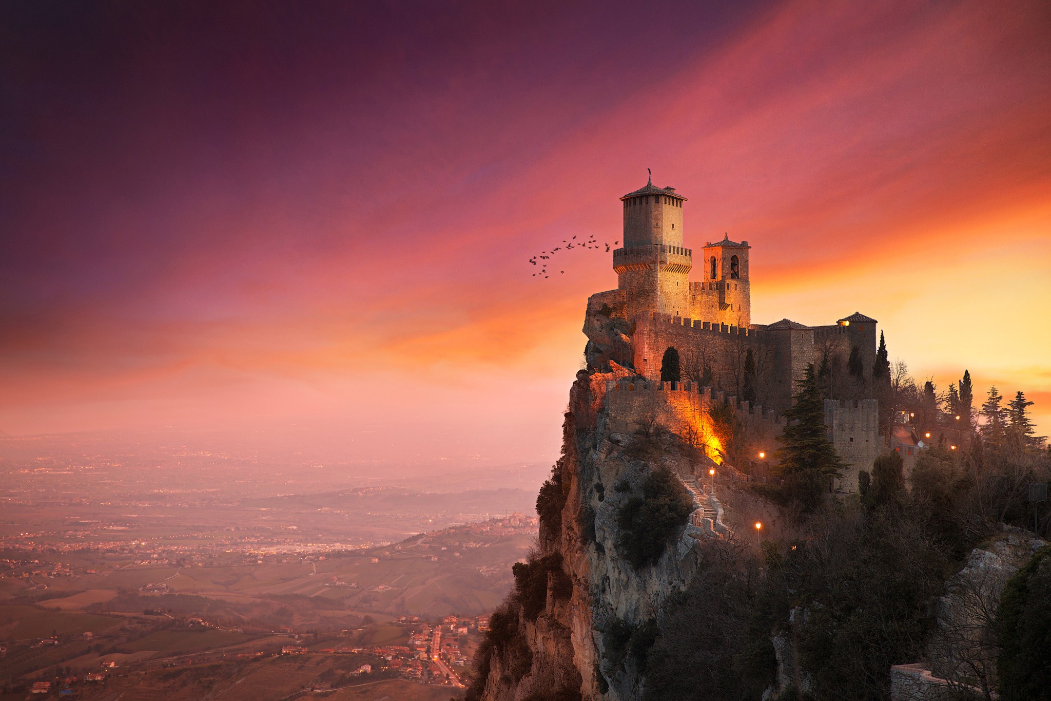 architecture, Castle, Nature, Landscape, Trees, San Marino, Rock, Hill, Town, Tower, Sunset, Clouds, House, Birds Wallpaper