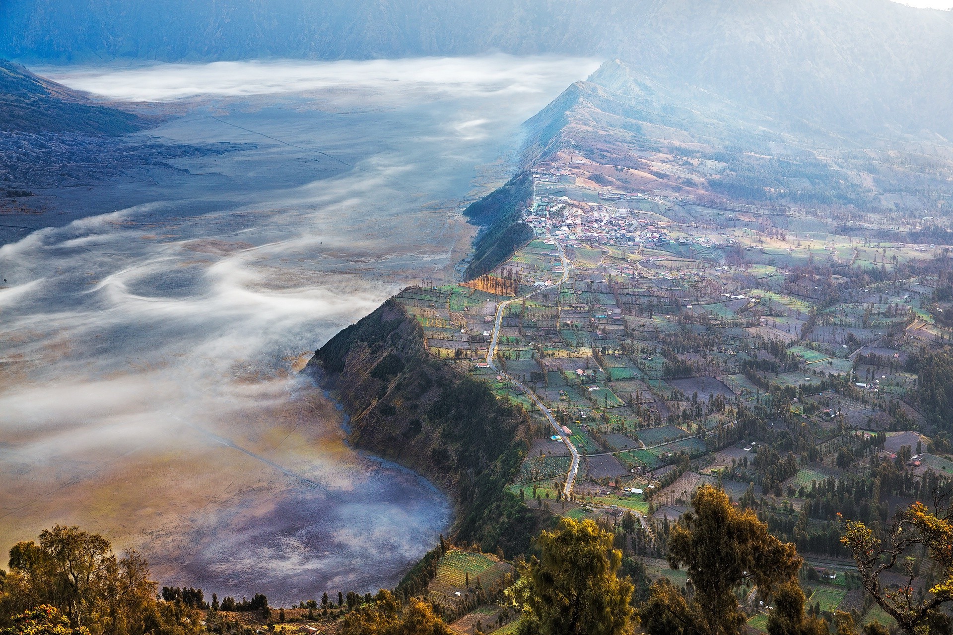 nature, Landscape, Indonesia, Field, Trees, Mountain, Hill, Mist, Aerial View, Villages Wallpaper