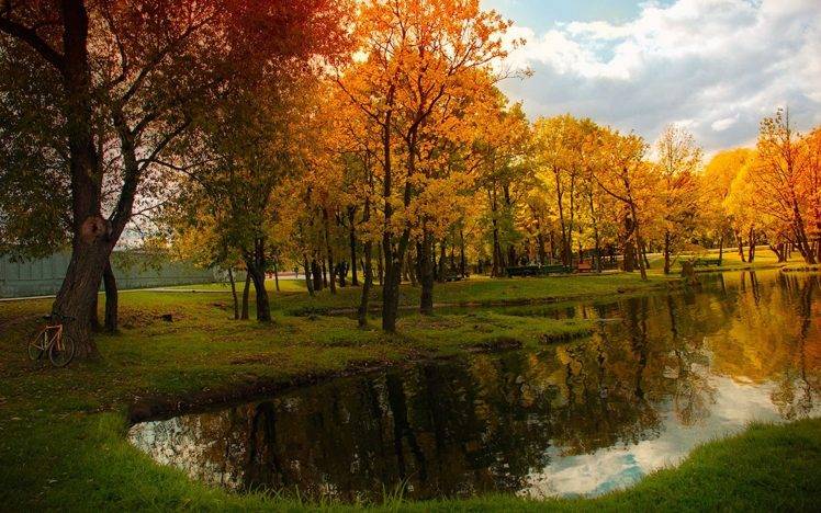 landscape, Nature, Pond, Fall, Bicycle, Trees, Reflection, Russia HD Wallpaper Desktop Background