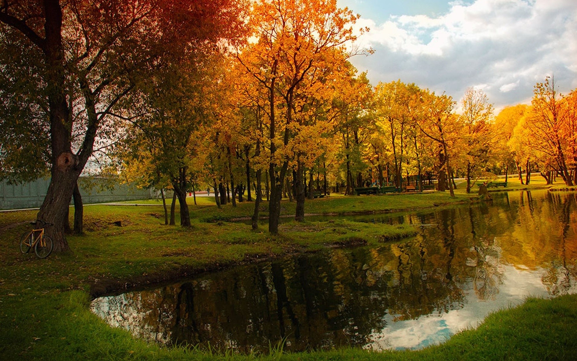 landscape, Nature, Pond, Fall, Bicycle, Trees, Reflection, Russia Wallpaper