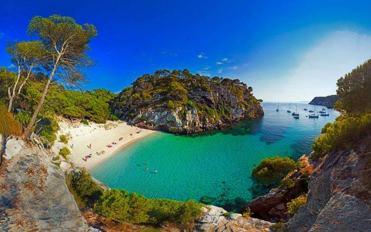 nature, Landscape, Beach, Sea, Sand, Spain, Island, Trees, Boat HD Wallpaper Desktop Background