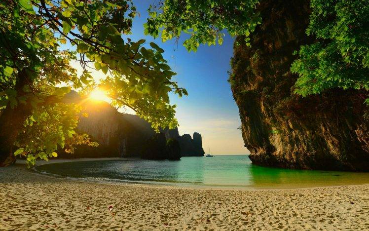 nature, Landscape, Beach, Thailand, Sunset, Island, Sea, Sand, Trees, Limestone, Rock HD Wallpaper Desktop Background