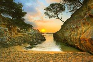 nature, Landscape, Sunrise, Beach, Sand, Trees, Rock, Coast, Sea