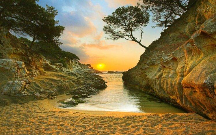 nature, Landscape, Sunrise, Beach, Sand, Trees, Rock, Coast, Sea HD Wallpaper Desktop Background