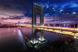 nature, Landscape, Mist, Bridge, Lights, New York City, Technology, Night, River