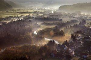 nature, Landscape, Mist, Morning, Sun Rays, Forest, River, Town, Field, Sunrise, Aerial View, Hill